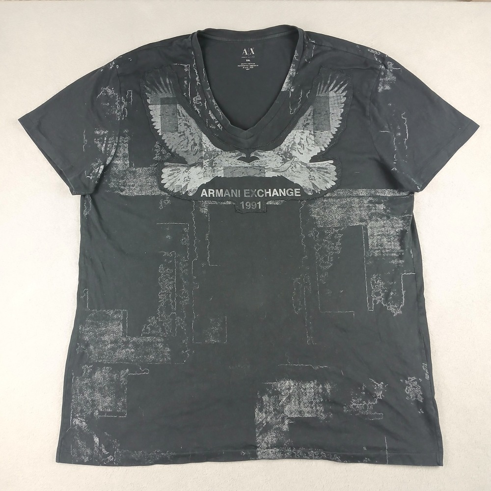Armani Exchange T-Shirt Mens XXL Eagle Graphic V-Neck Pima Cotton Black Grey